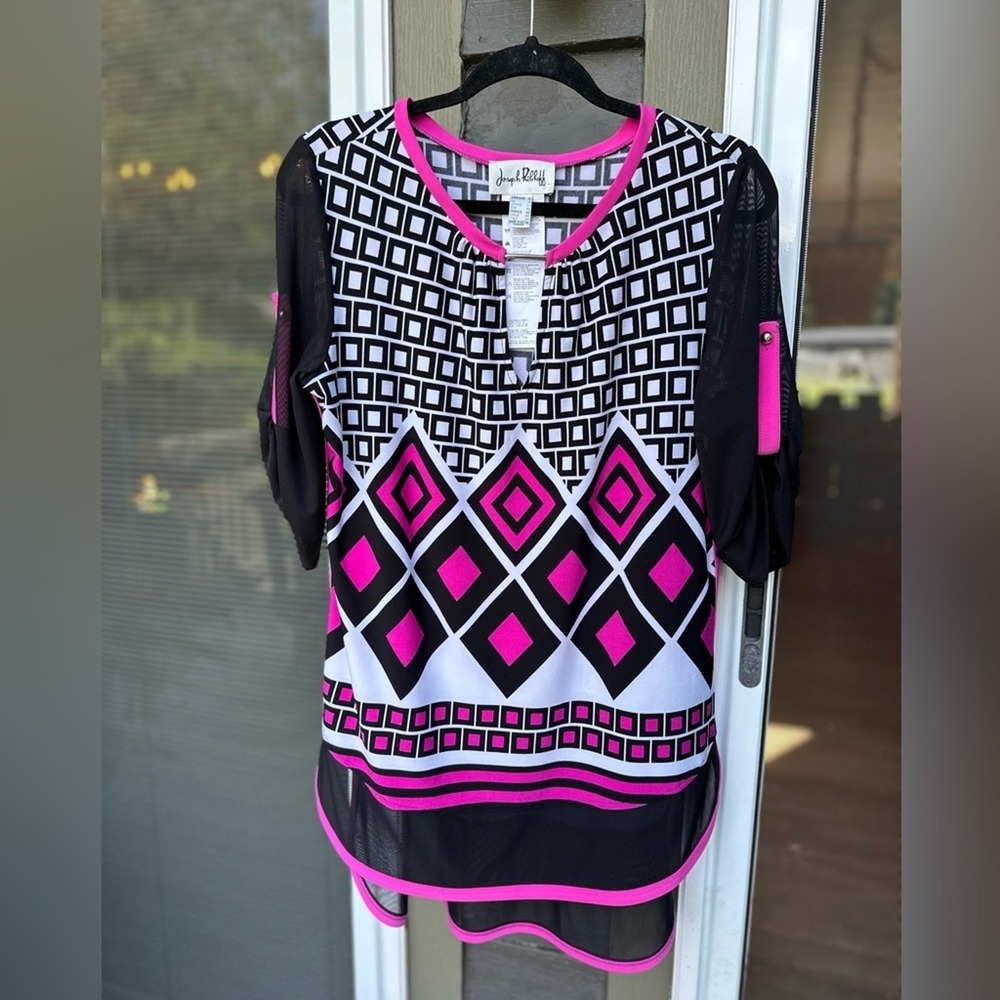 Joseph Ribkoff Black Pink Geometric Print Sheer Sleeve Tunic Top Women's Size 12
